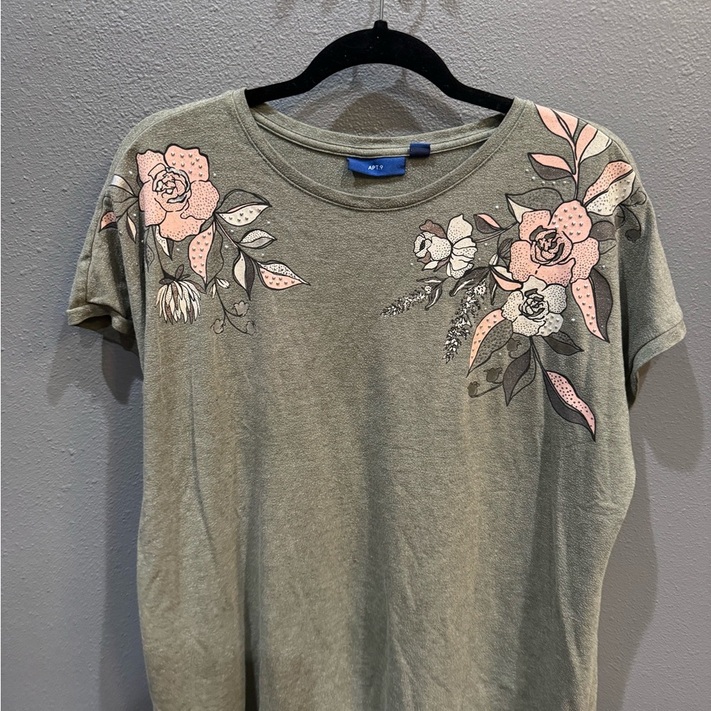 Apt. 9 Olive Green Floral Short Sleeve Top